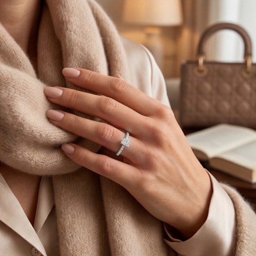 Astra - Radiant-Schliff Moissanit Ring mit Pavé-Seitensteinen & Versteckter Halo - lifestyle