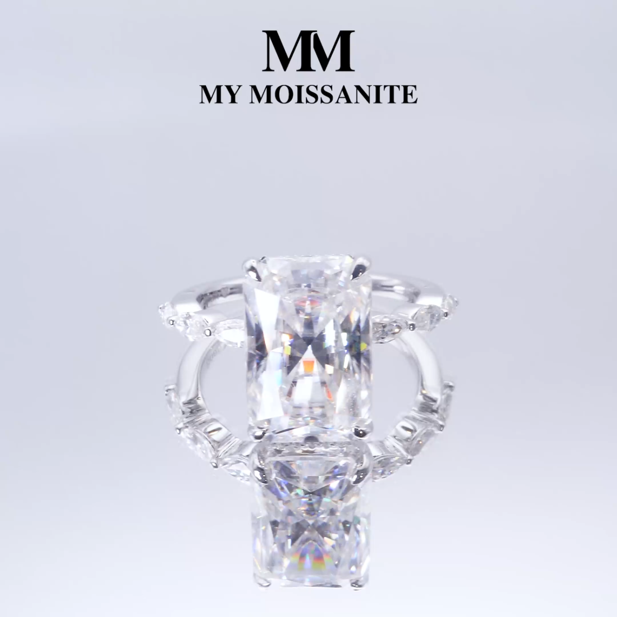 Luminaire - Radiant Cut Moissanit Ring Mit Marquise Seitensteinen Und Hidden Halo