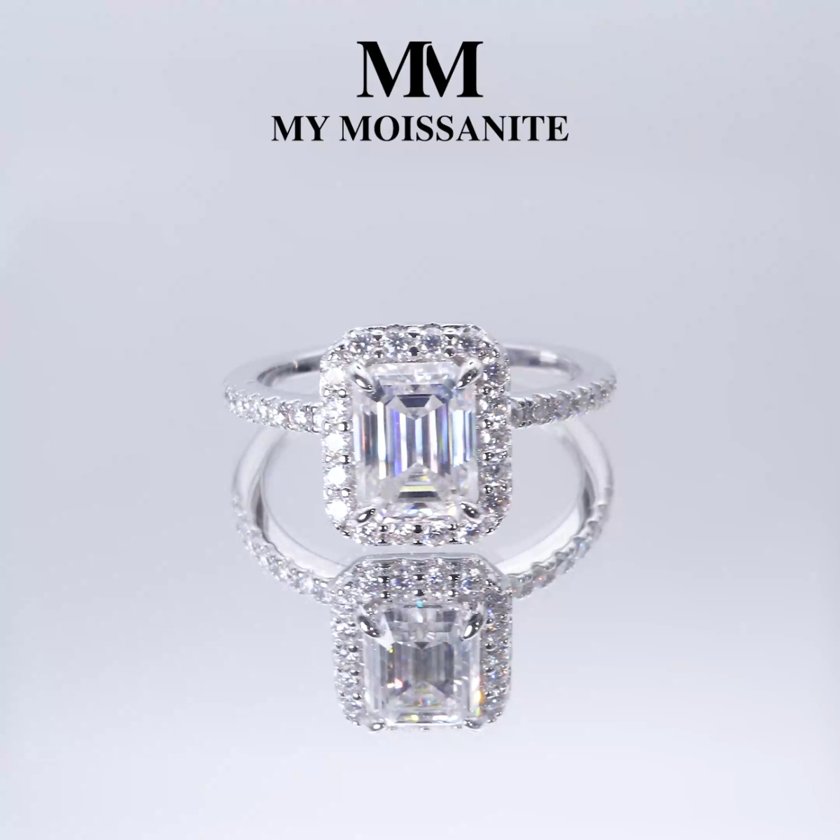 Esmeralda – Smaragdschliff Moissanit Ring im Halo-Design