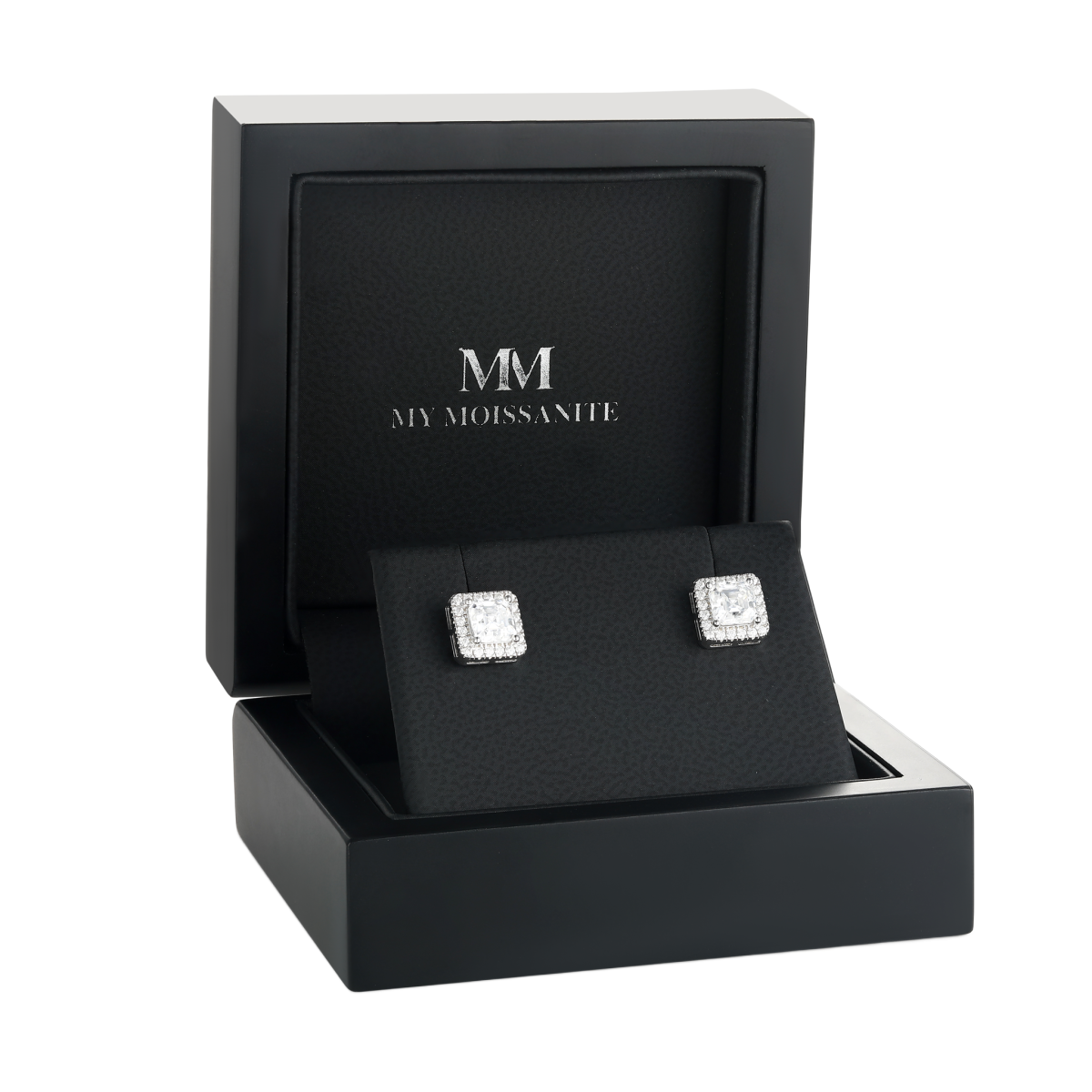 Tetrona - Asscher-Schliff Moissanit Ohrstecker im Halo-Design