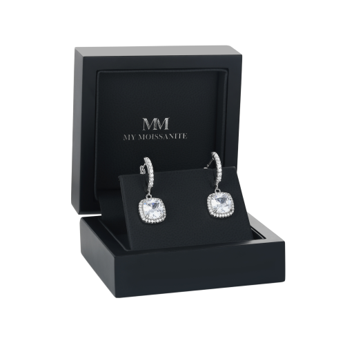 Cushion Drops - Kissenschliff Moissanit Halo & Huggie Tropfenohrringe