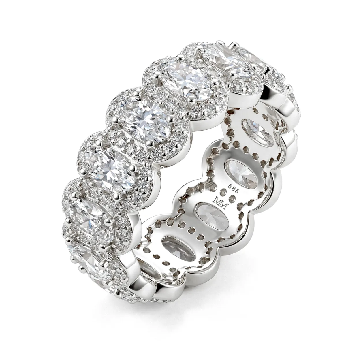 Opaline - Oval Cut Moissanit Eternity Ring Mit Scalloped Pavé Halo