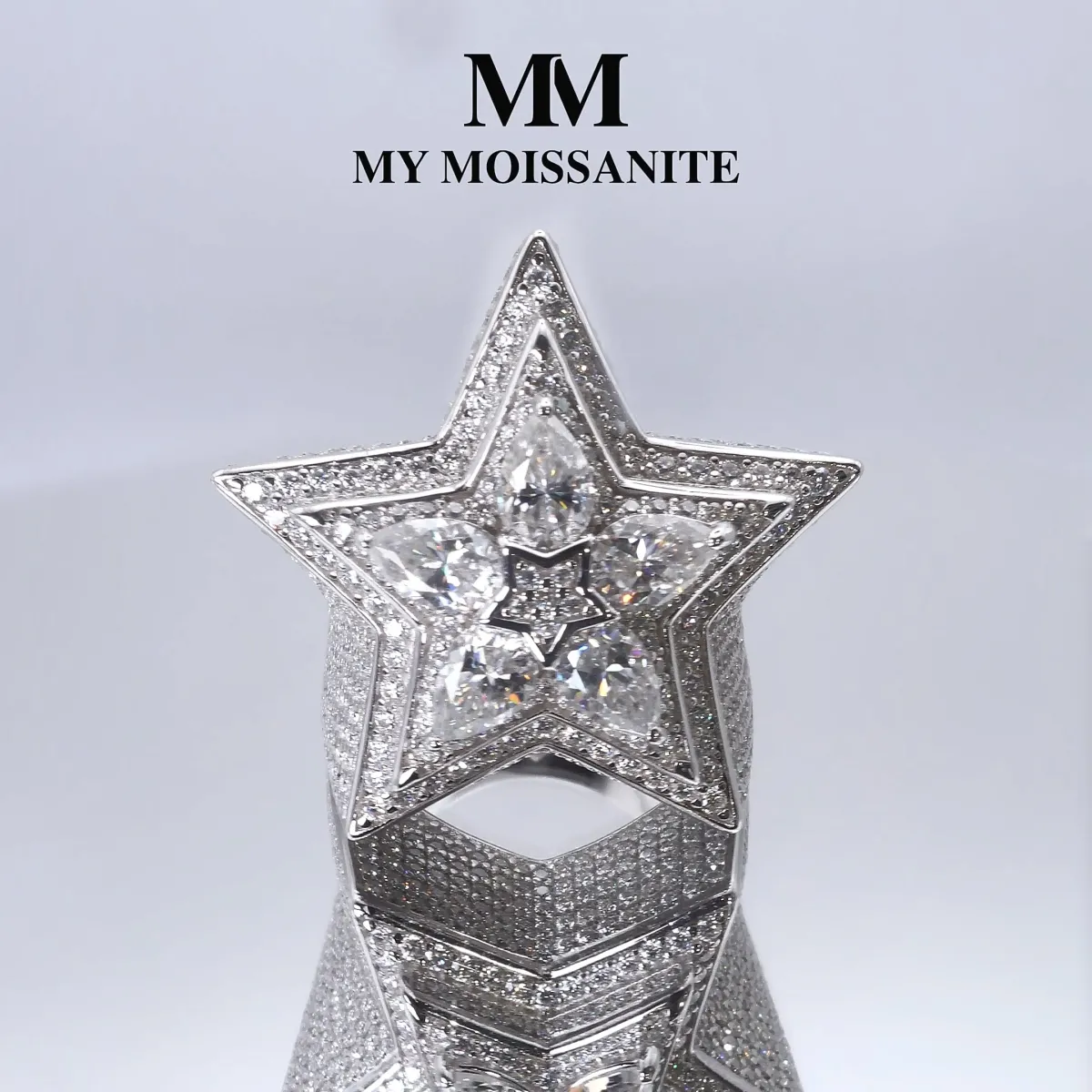 Zenith - Herren Tropfen Moissanit Stern Ring mit Pavé Fassung