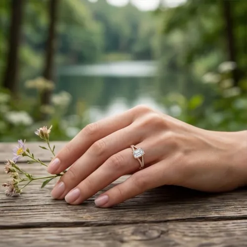 Emelise - Smaragdschliff Moissanit Ring mit Split-Shank und Seitensteinen - lifestyle