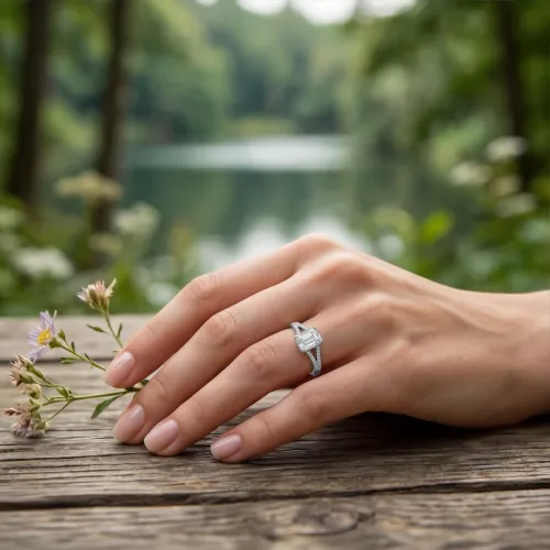Emelise - Smaragdschliff Moissanit Ring mit Split-Shank und Seitensteinen - lifestyle