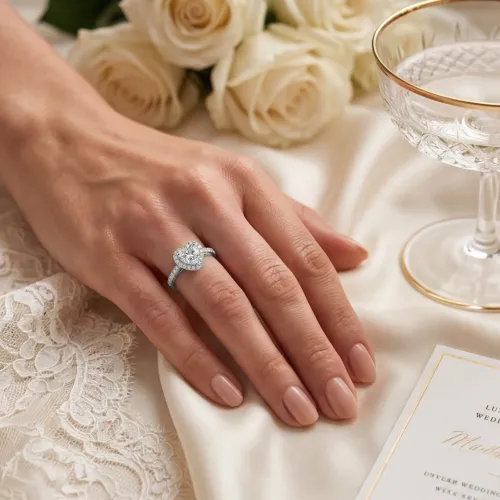 Amoria - Herzschliff Moissanit Verlobungsring mit Halo und Pavé Eingefassten Seitensteinen - lifestyle