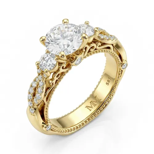 Circe - Vintage Inspired Moissanite Engagement Ring with Side Stones and Filigree Detailing