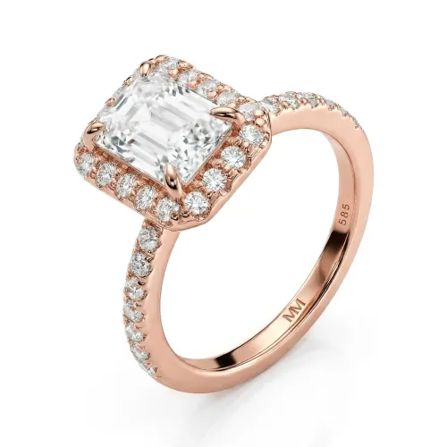 Esmeralda – Smaragdschliff Moissanit Ring im Halo-Design