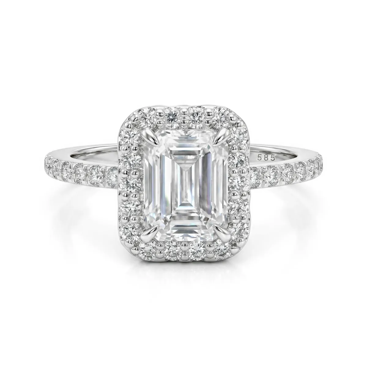 Esmeralda – Smaragdschliff Moissanit Ring im Halo-Design