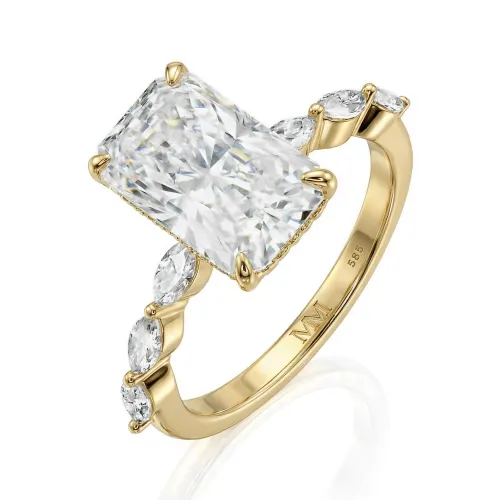 Luminaire - Radiant Cut Moissanite Ring With Marquise Side Stones and Hidden Halo