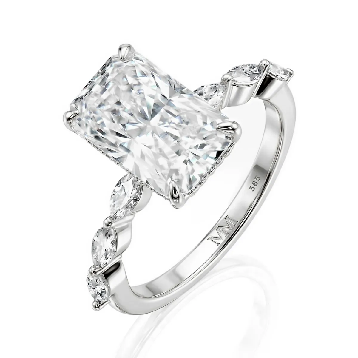 Luminaire - Radiant Cut Moissanit Ring Mit Marquise Seitensteinen Und Hidden Halo