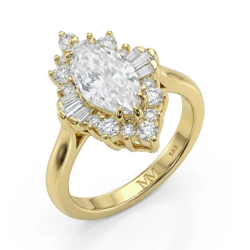 Crownique - Marquise-Schliff Moissanit Verlobungsring Mit Halo Und Baguette-Akzenten