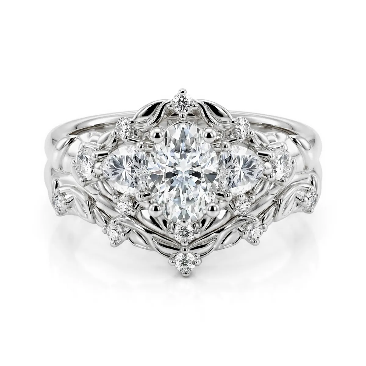 Fiorine - Oval Cut Moissanit Brautset Mit Botanischem Design