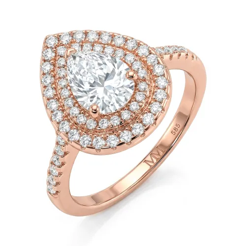 Athena - Tropfen Moissanit Verlobungsring mit Doppel-Halo und Pavé-Schaft