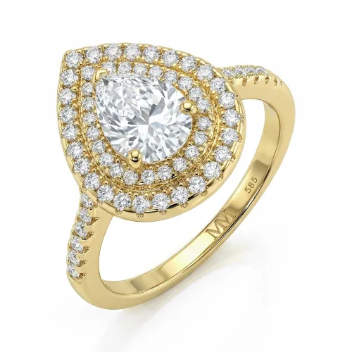 Athena - Tropfen Moissanit Verlobungsring mit Doppel-Halo und Pavé-Schaft