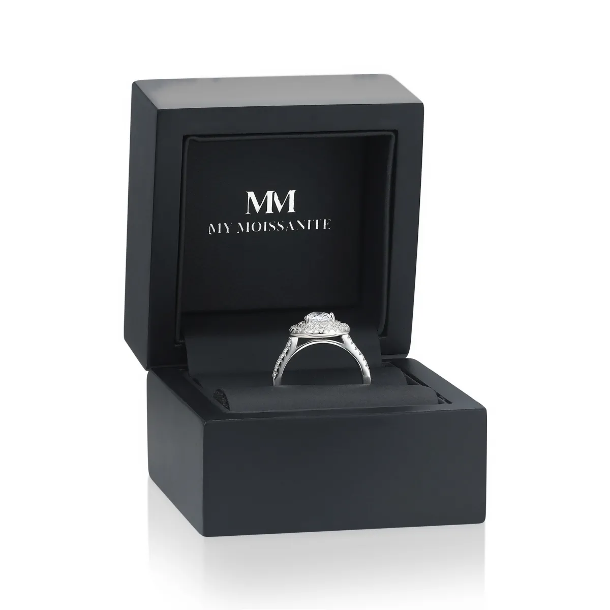 Athena - Tropfen Moissanit Verlobungsring mit Doppel-Halo und Pavé-Schaft