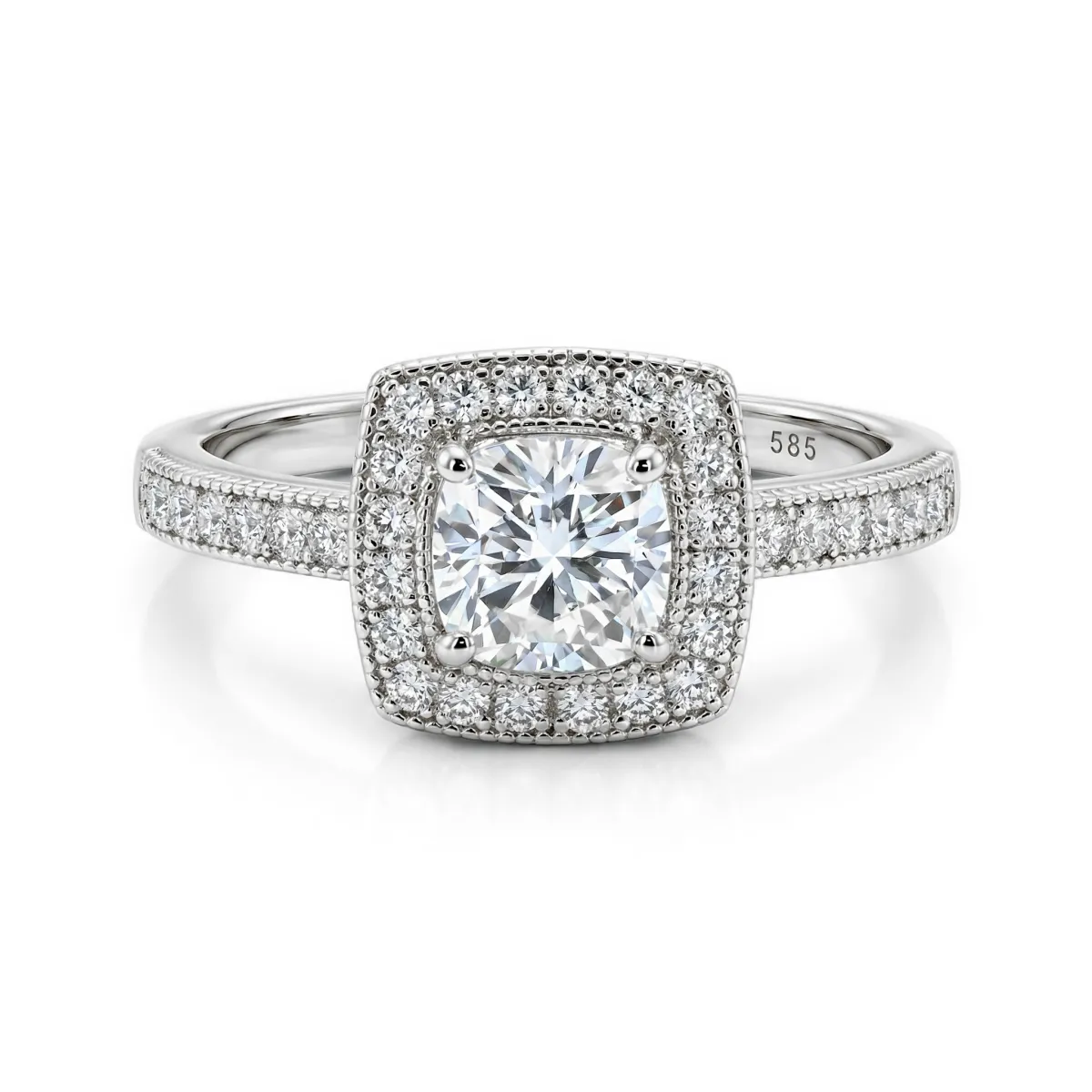 Sanctum - Kissen-Schliff Moissanit Verlobungsring Mit Vintage-Halo und Pavé-Band