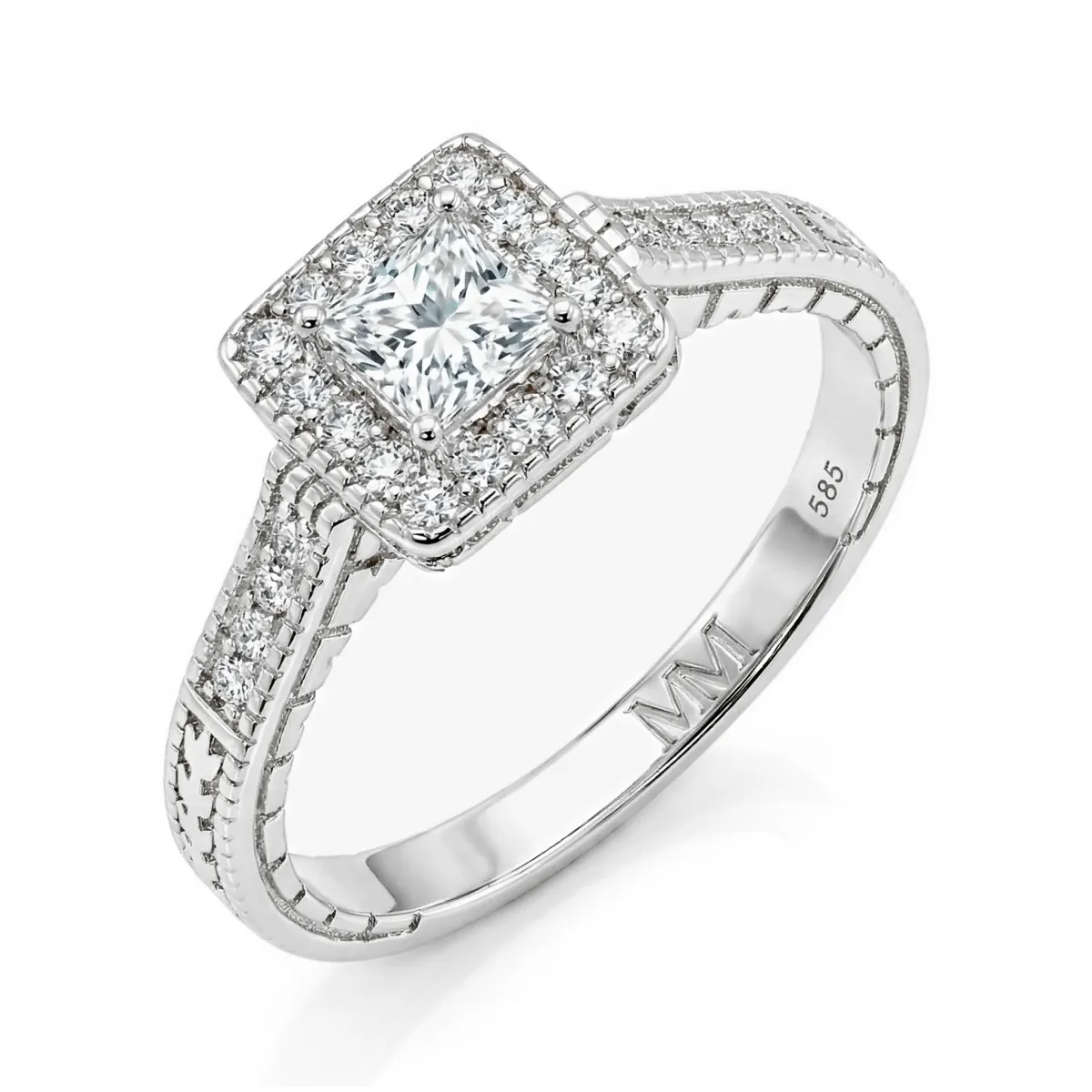 Paragone - Prinzess Schliff Moissanit Halo Verlobungsring Mit Texturiertem Band