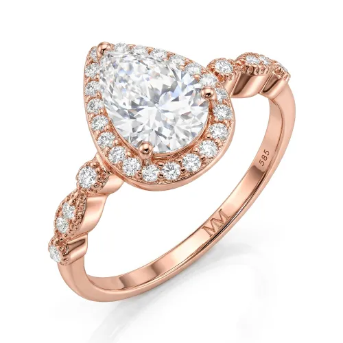 Elanore - Halo Tropfen Geschliffener Moissanit Verlobungsring mit Verdrehter Pavé-Band