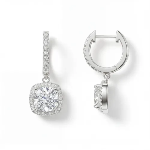 Cushion Drops - Kissenschliff Moissanit Halo & Huggie Tropfenohrringe
