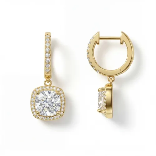 Cushion Drops - Kissenschliff Moissanit Halo & Huggie Tropfenohrringe