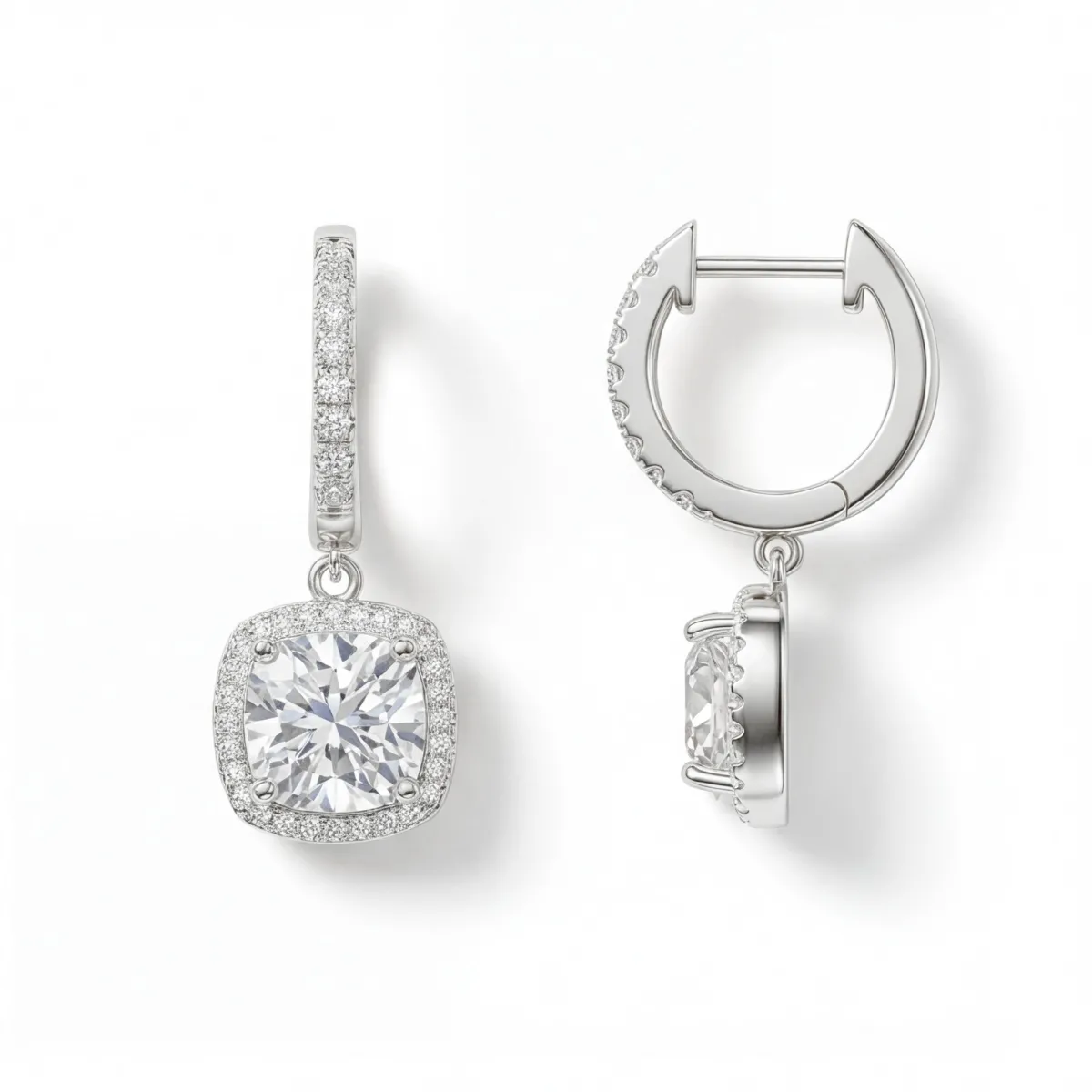 Cushion Drops - Kissenschliff Moissanit Halo & Huggie Tropfenohrringe