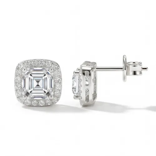 Tetrona - Asscher-Schliff Moissanit Ohrstecker im Halo-Design