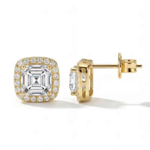 Tetrona - Asscher-Schliff Moissanit Ohrstecker im Halo-Design