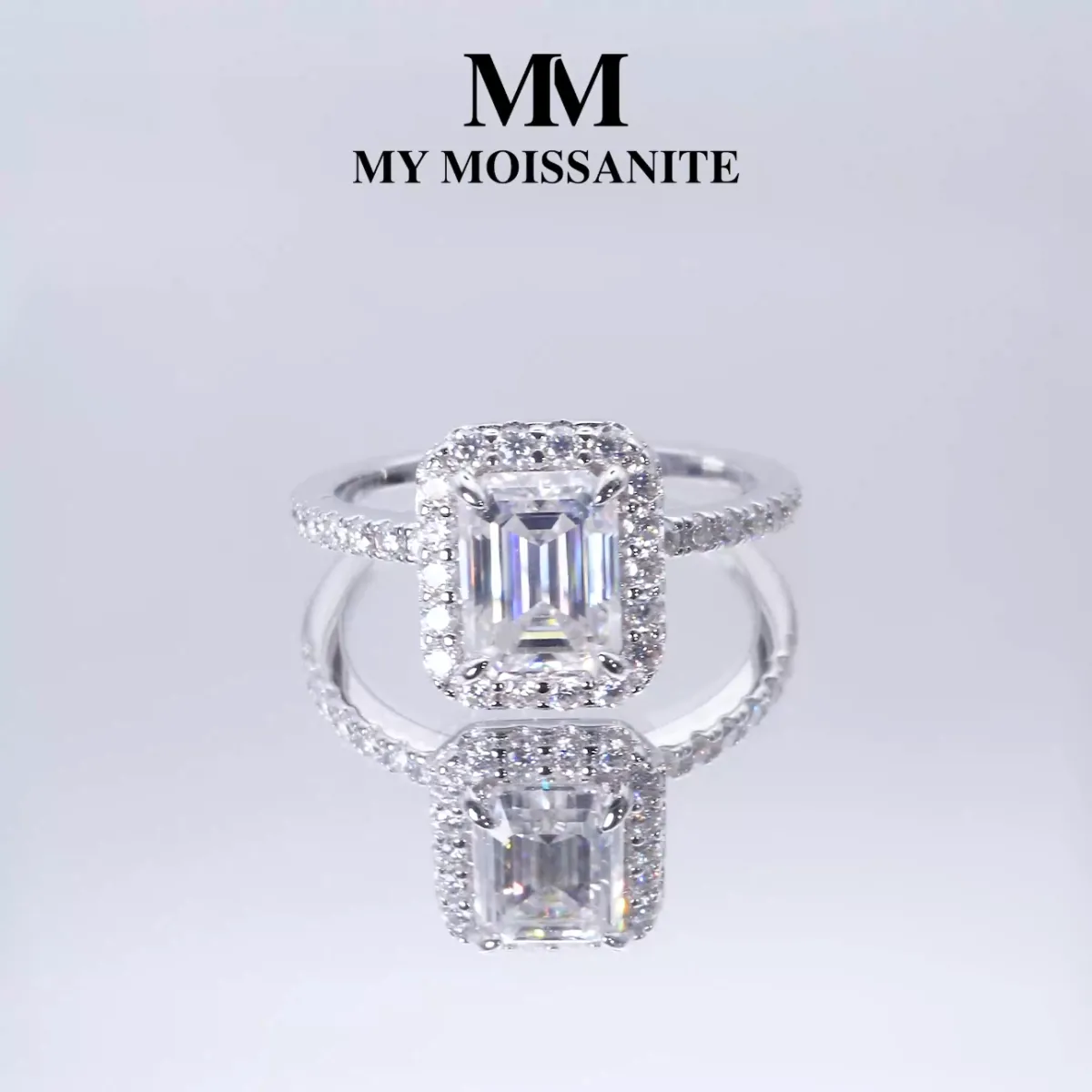 Esmeralda – Smaragdschliff Moissanit Ring im Halo-Design