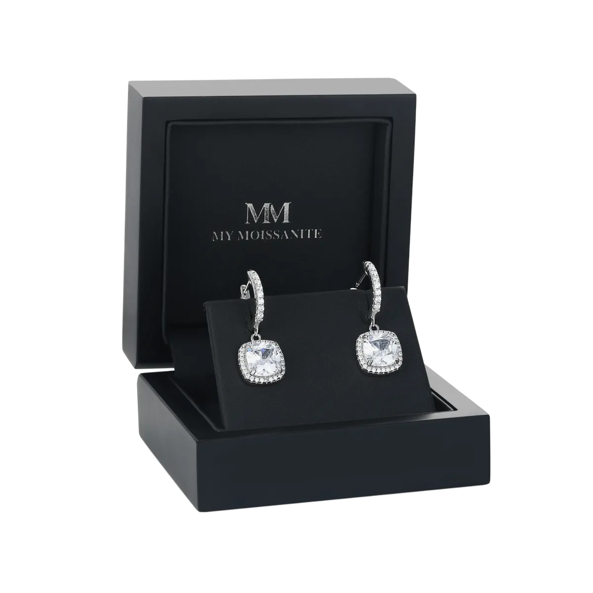 Cushion Drops - Kissenschliff Moissanit Halo & Huggie Tropfenohrringe