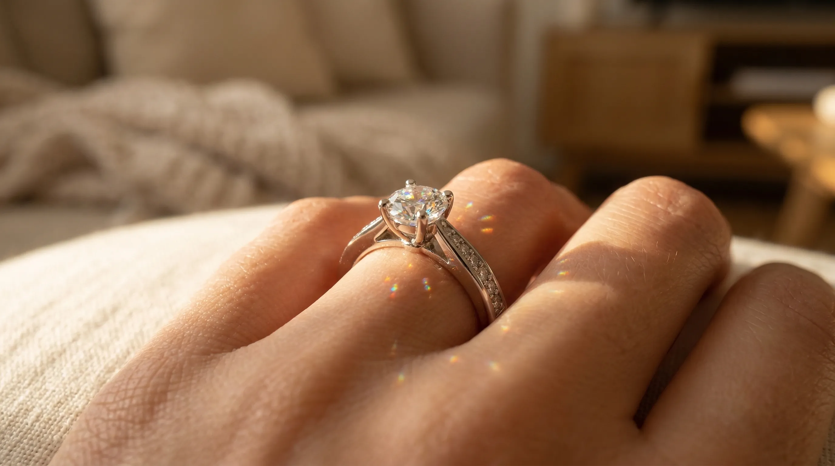 Sophia Moissanit-Ring zeigt Brillanz und farbiges Feuer im natürlichen Sonnenlicht