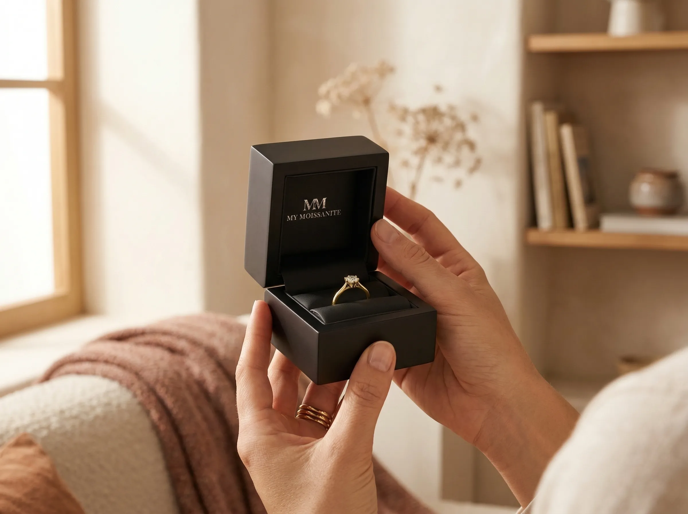 Hochwertige Geschenkbox aus Holz, geöffnet mit Ring, warmes natürliches Licht