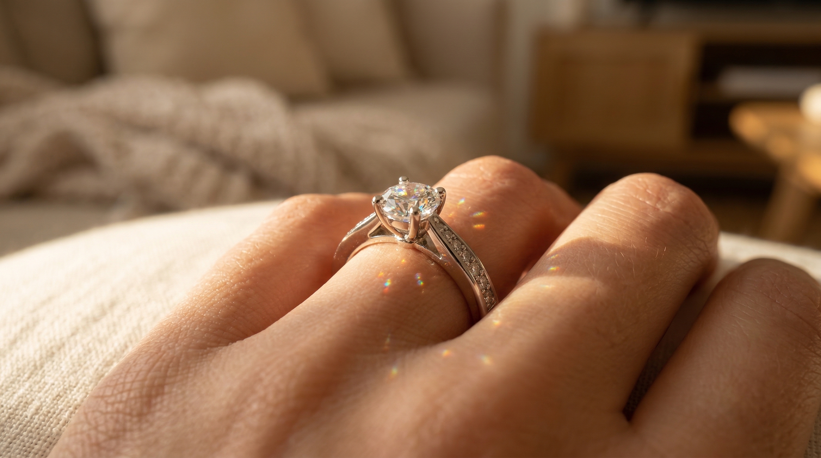 Sophia Moissanit-Ring zeigt Brillanz und farbiges Feuer im natürlichen Sonnenlicht