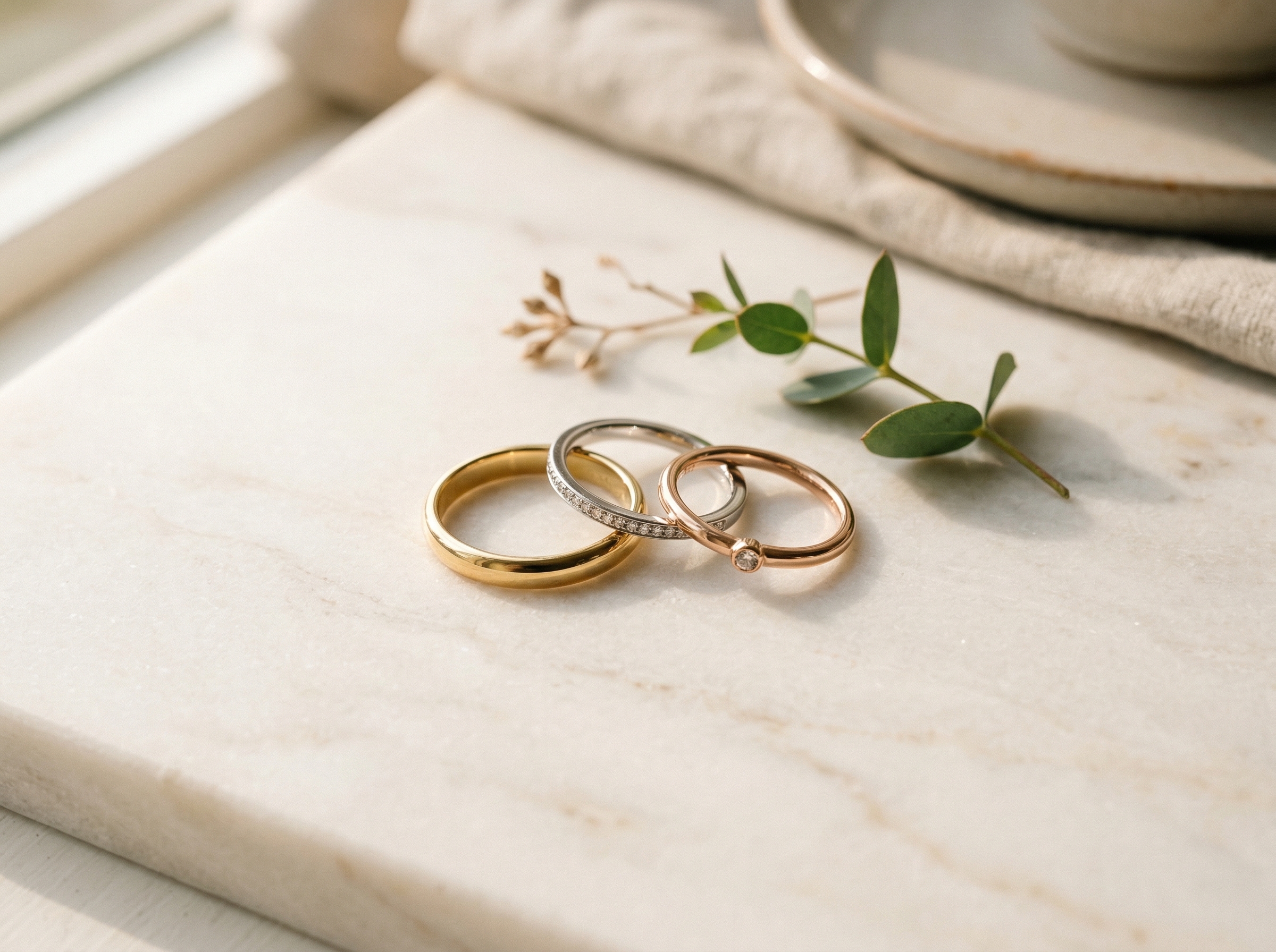 Drei Ringe in Gelbgold, Weißgold und Roségold auf einer cremefarbenen Marmoroberfläche